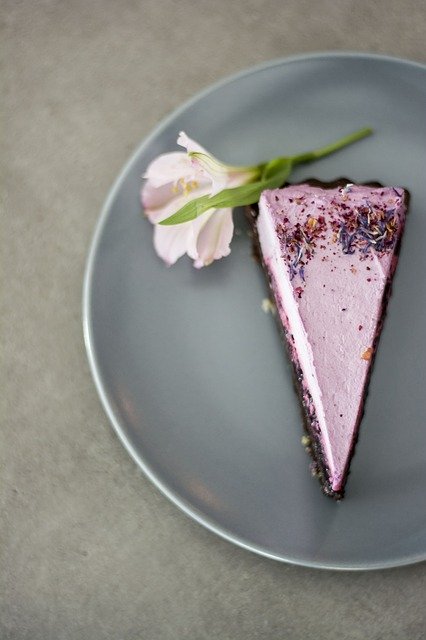 Auf einem grauen Teller liegt ein fliederfarbenes Stück Cheesecake mit einer Blüte.